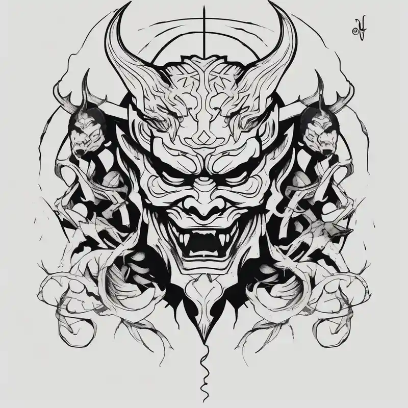 minimalist style Street Life Tattoo Ideas in 2025 & free generation about Back Tattoo with An Oni With a broken mask and a Sword and Dragons & snakes street life tattoo ideas
